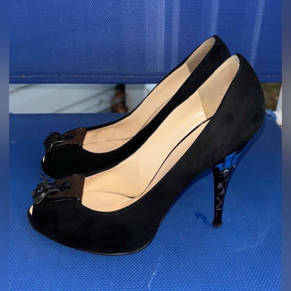 Vintage Giuseppe Zanotti Leather Peep Toe Mosaic Heels, Size 37.5 (US 7) - Picture 2 of 8